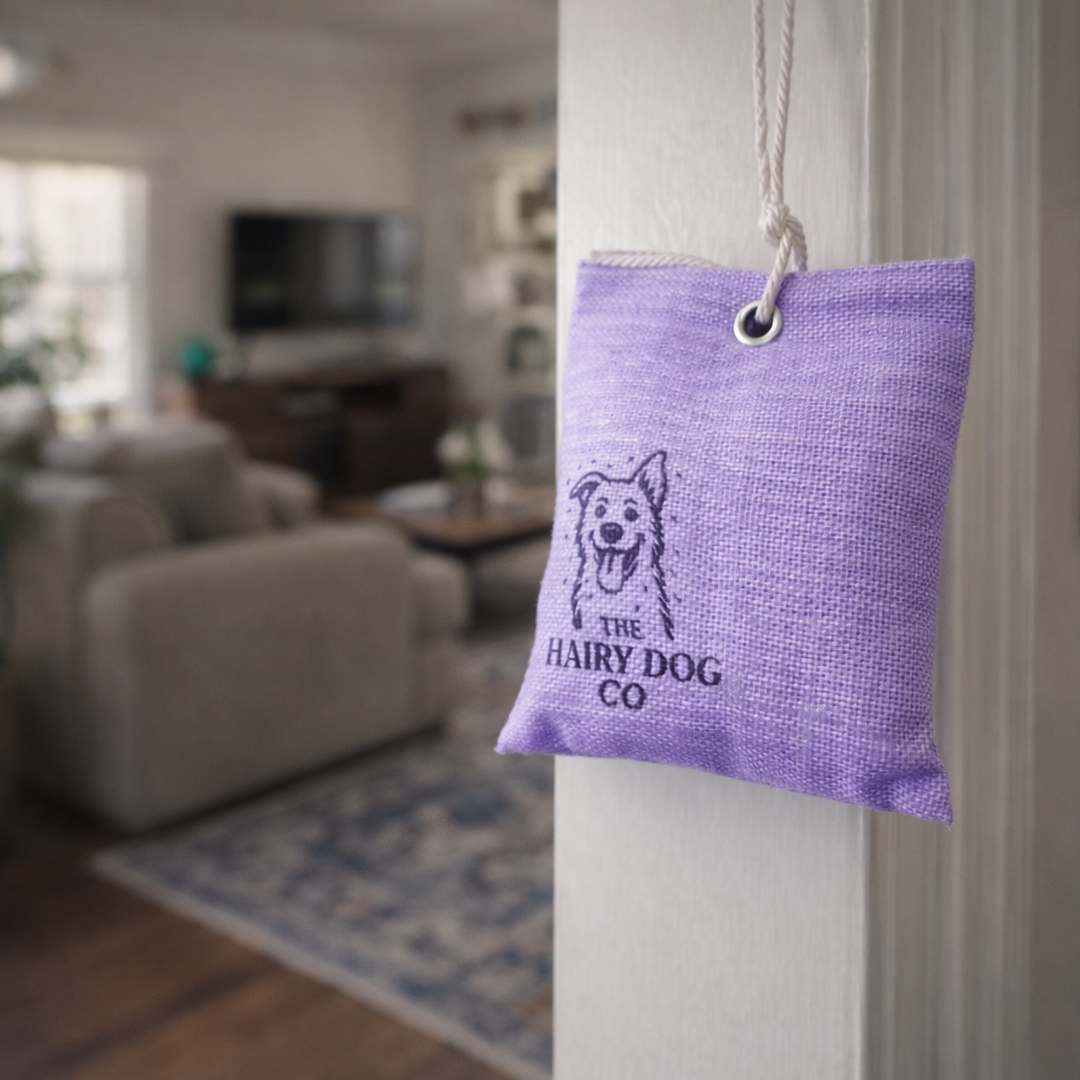Purple charcoal bag with 'The Hairy Dog Co' logo hanging on a white pillar in a living room.