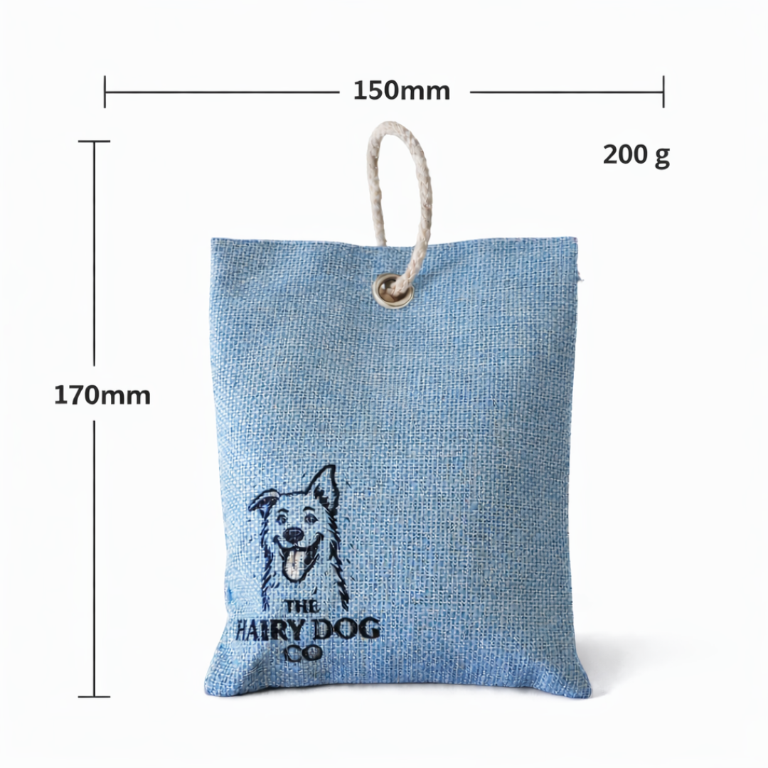 Blue bag with a rope handle and 'The Hairy Dog' branding, shown with measurements on a white background.