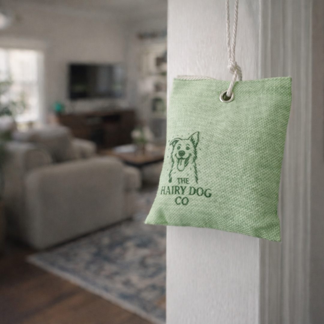 Green bag with 'The Hairy Dog Co' logo hanging on a white door in a living room.