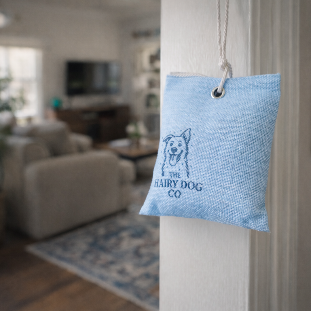 Blue charcoal bag with 'The Hairy Dog Co' logo hanging on a white pillar in a living room.