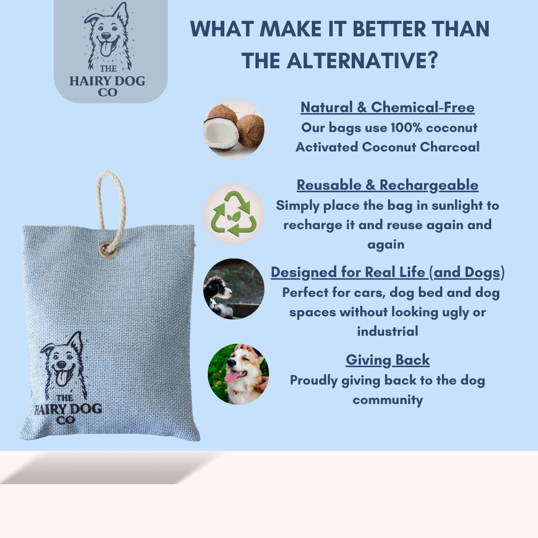Promotional graphic for The Hairy Dog Co product with text and images on a light blue background