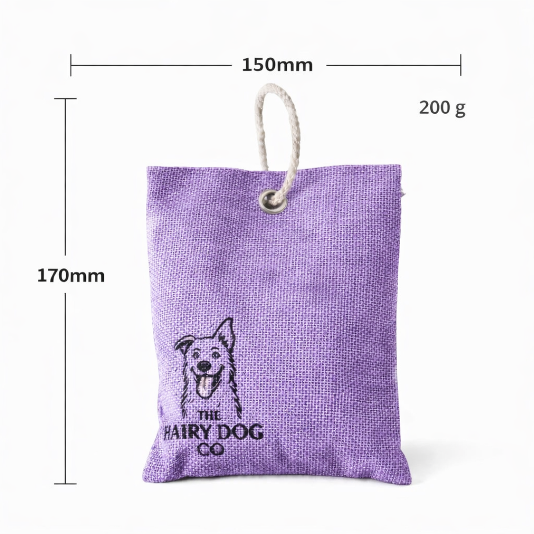 Purple charcoal bag with measurements on a white background